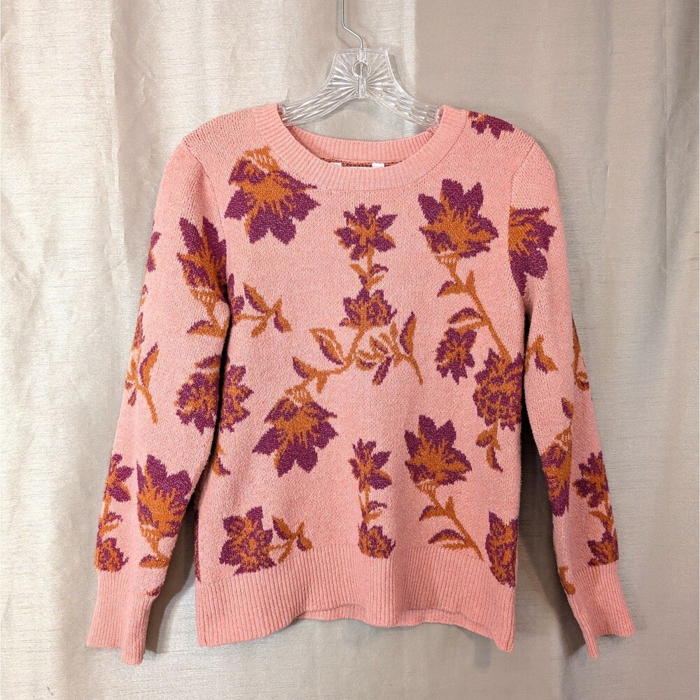 Time & Tru Women's Size MEDIUM (8-10) Peach Floral Sweater Long Sleeve Boho